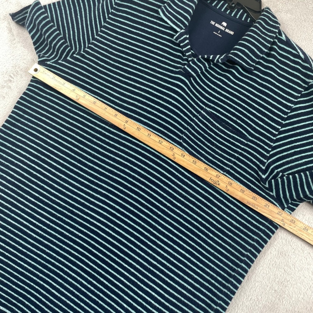 The Normal Brand Knit Polo Shirt Men Large Blue Stiped Terry Cloth Johnny Collar - Picture 5 of 8